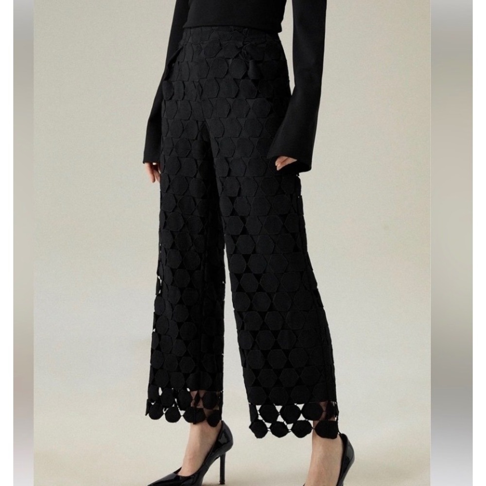 Black Circle Lace Wide Leg Pants High Waisted Trousers Stylewe 1538258# Medium